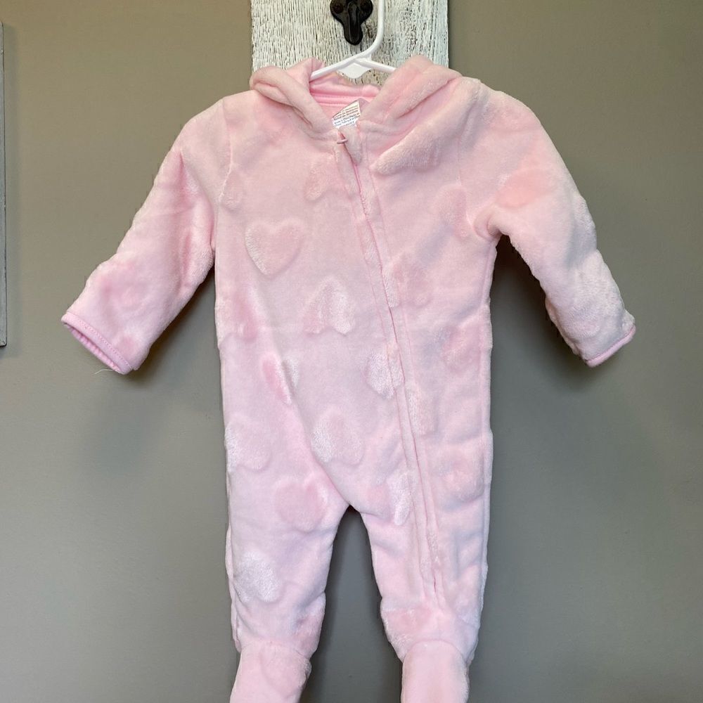 Little Beginnings 0-3 Baby Girl Plush Pink Footie with Hood